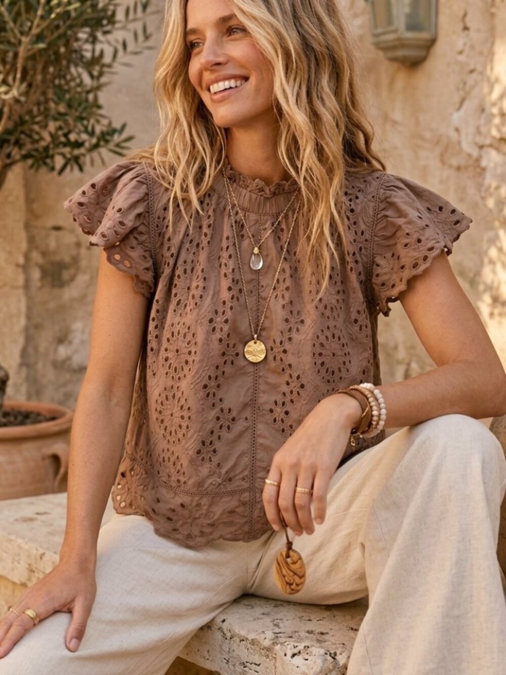 Jennifer & Grace Mauve Brown Eyelet Cotton Blouse Flutter Sleeve XL